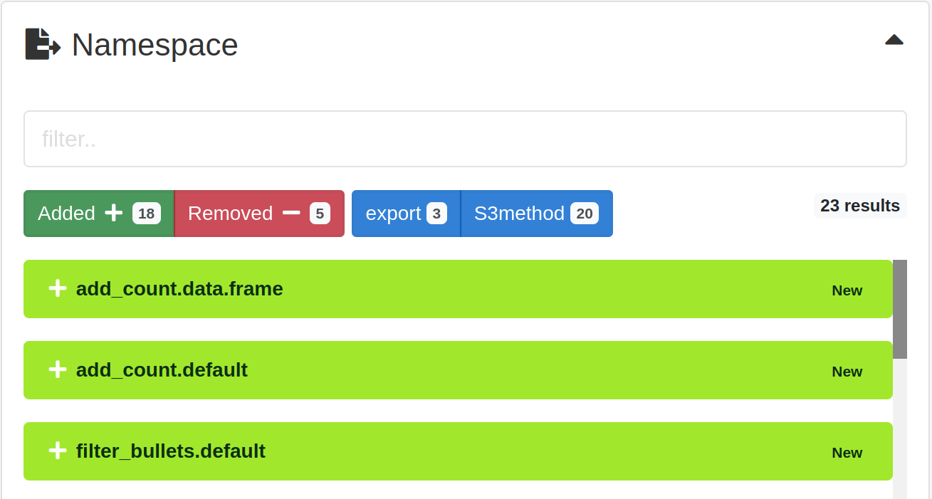 Comparing Version 1.0.5 to Version 1.0.8 of the dplyr NAMESPACE file.