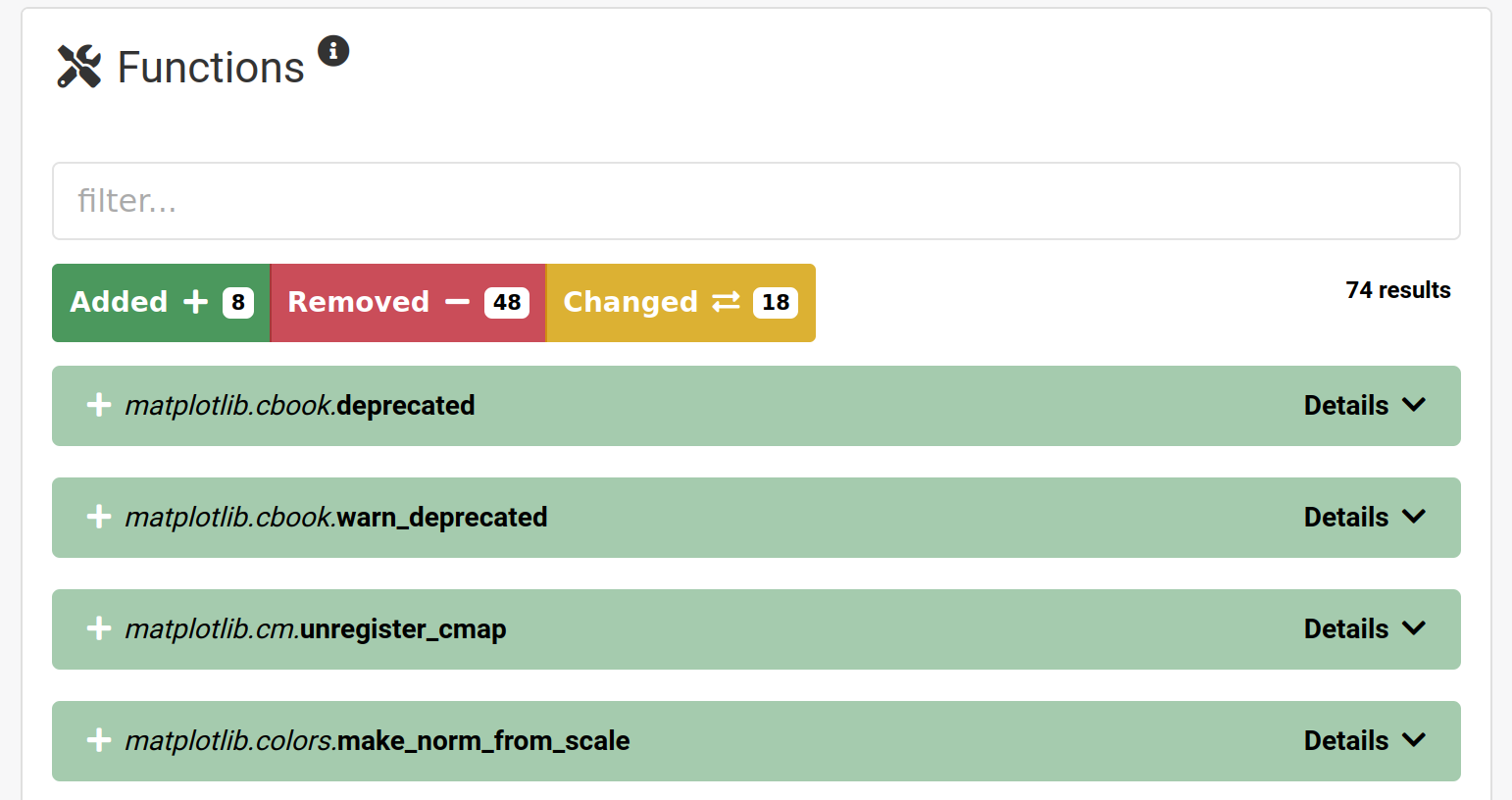 A screenshot of the Functions window: A list of package functions is displayed. Each entry displays the function name prefixed by the module path on the left, and a button for accessing the function “Details” on the right. Each function is colour-coded based on whether it has been added, removed or changed.