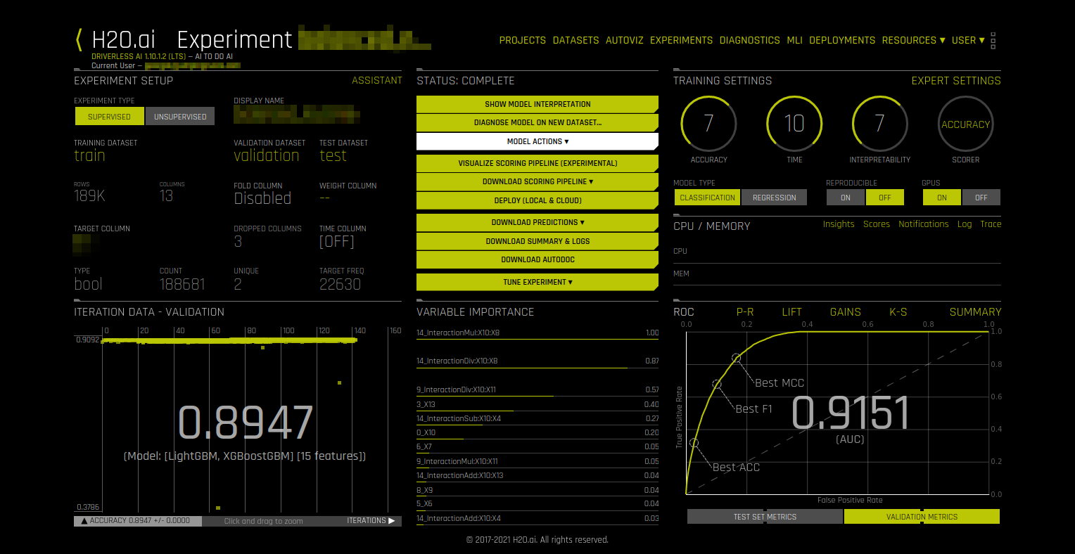 Example of Driverless AI user interface