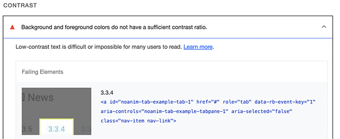 A screenshot of a Lighthouse report that shows that link text does not have sufficient contrast.