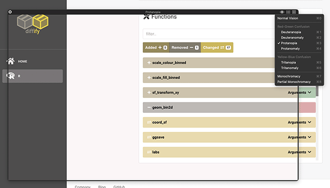 A screenshot of part of a page of diffify with the Sim Daltonism window overlaid over much of it and the 'Protanopia' simulation applied.