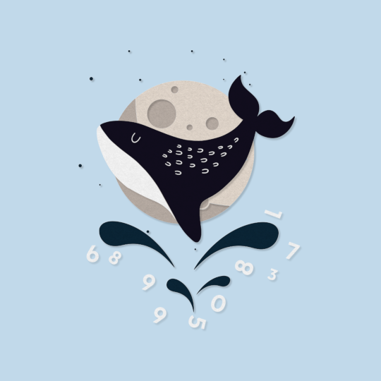 Cartoon of a whale in front of the moon with splashes and numbers beneath