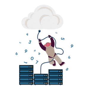 Cartoon of robot engineer flying to a server on a cloud.